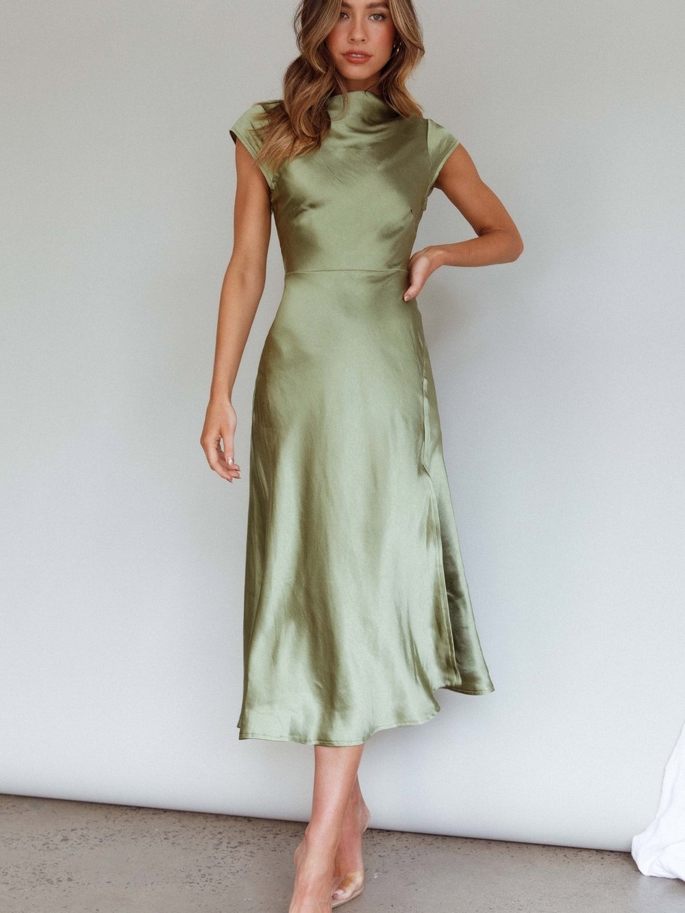 Selfie Leslie Olive Green Satin Midi Dress